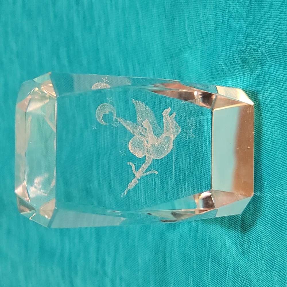 Paperweight vintage 3D Cupid white image inside Clear glass